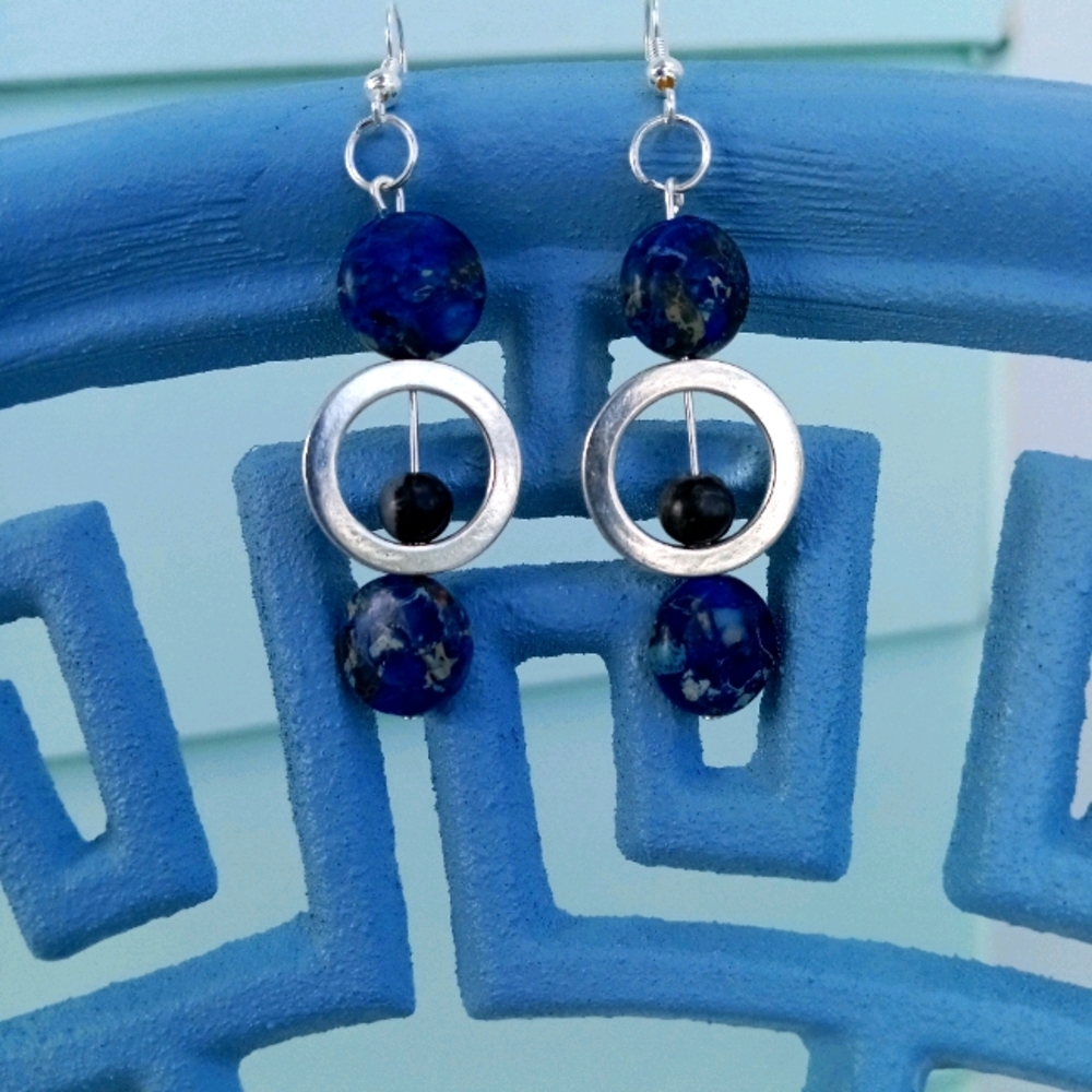 Hand crafted Silver and lapis lazuli gemstone turquoise statement earnings